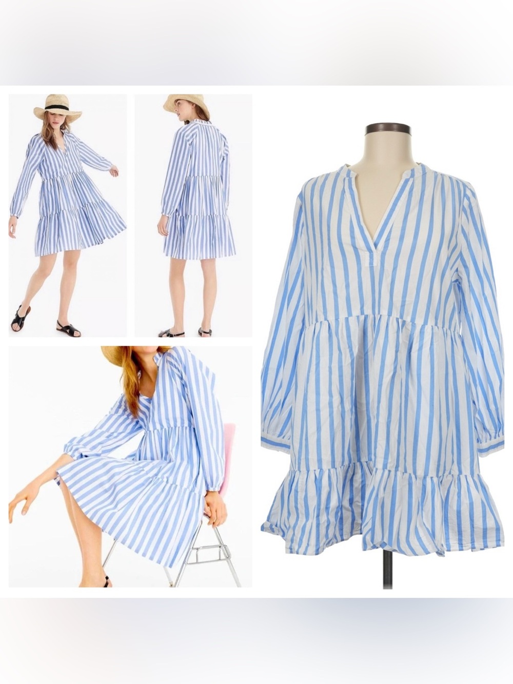 NWOT J. Crew Blue White Vertical Stripe Tiered Poplin Dress Pockets 100% Cotton